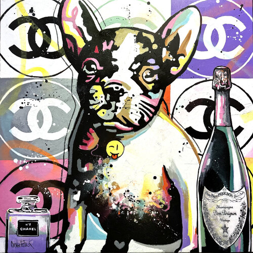 My French Bulldog loves Chanel and Dom Pérignon di Patrick Cornée, Pittura in vendita su Singulart