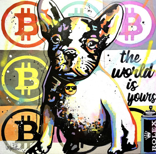 My French Bulldog loves Rolex and Bitcoins di Patrick Cornée, Pittura in vendita su Singulart