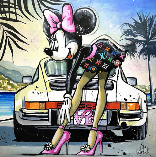 Minnie Mouse habillée en Louis Vuitton devant sa Porsche van Patrick Cornée, Schilderij te koop op Singulart