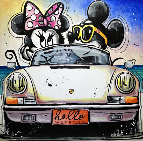Minnie et Mickey  Mouse voyagent en Porsche sur la Nationale 7 by Patrick Cornée, 회화 for Sale on Singulart