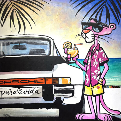 La Panthère rose en vacance avec sa Porsche by Patrick Cornée, Painting for Sale on Singulart