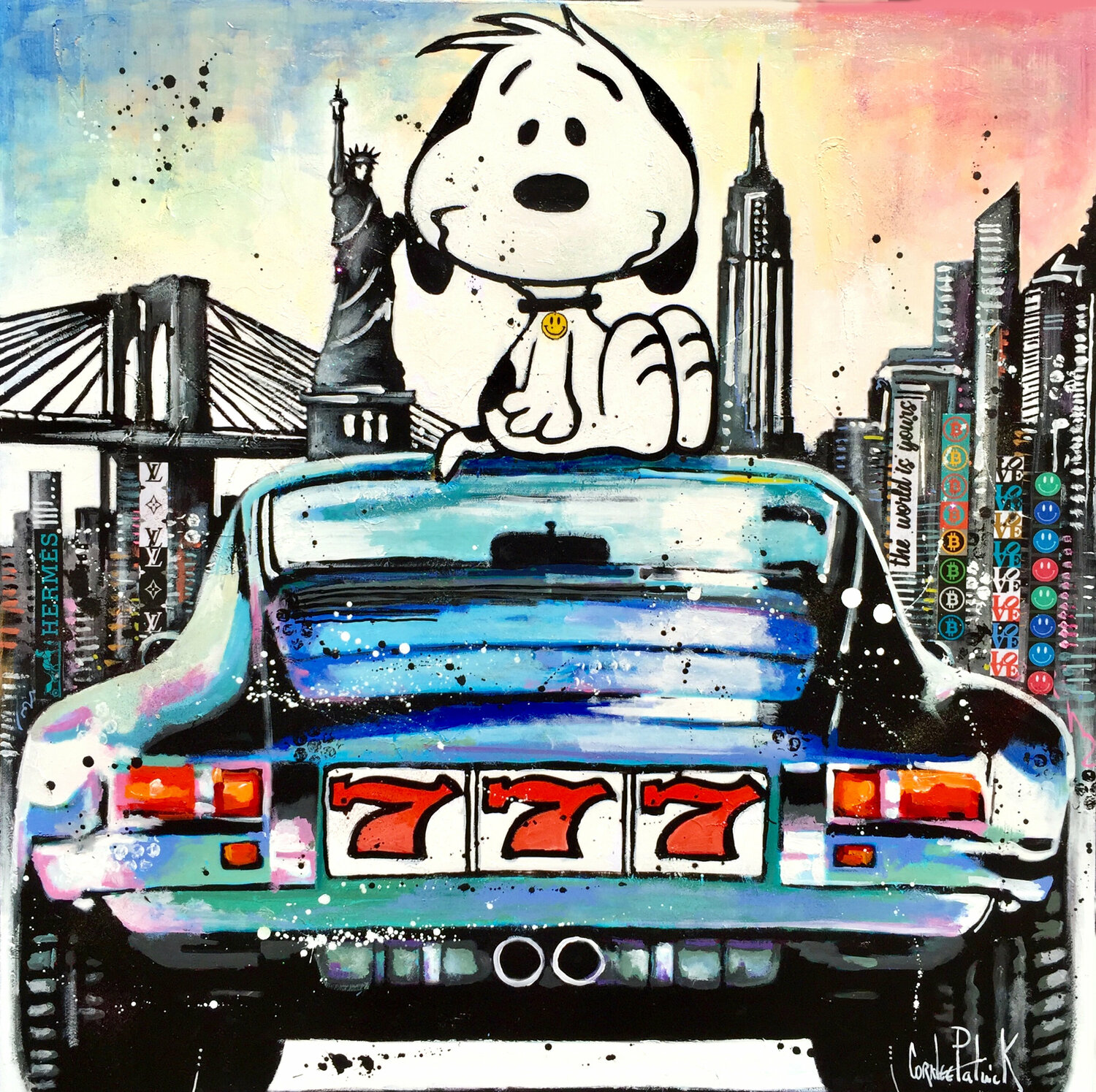 Snoopy is happy with his Porsche in New York Patrick Cornée Dipinto originale in vendita