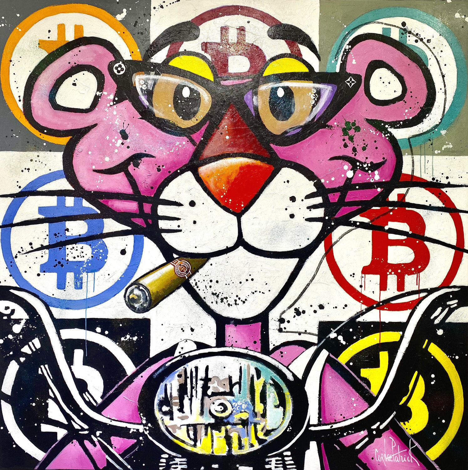Pink panther likes Bitcoins, Harley Davidsons and Montecristo cigars n°4 Patrick Cornée Originalgemälde zu verkaufen
