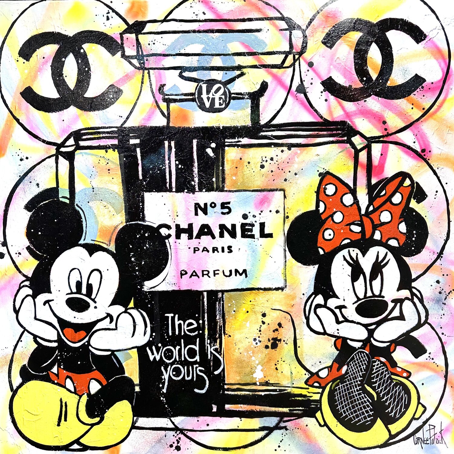 Mickey offre le parfum Chanel n°5 à Minnie Patrick Cornée Originalgemälde zu verkaufen