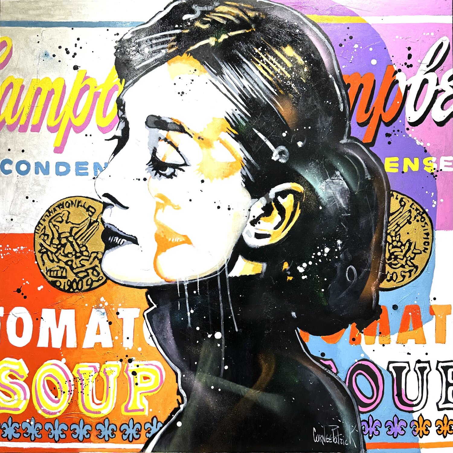 Audrey Hepburn loves Andy Warhol door Patrick Cornée (2023) : Schilderij  Acryl, Olie op Canvas - Singulart, image size:1500x1500