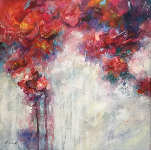 Red Blossom Shower von Marion Doxie Delaubell, Malerei kaufen auf Singulart