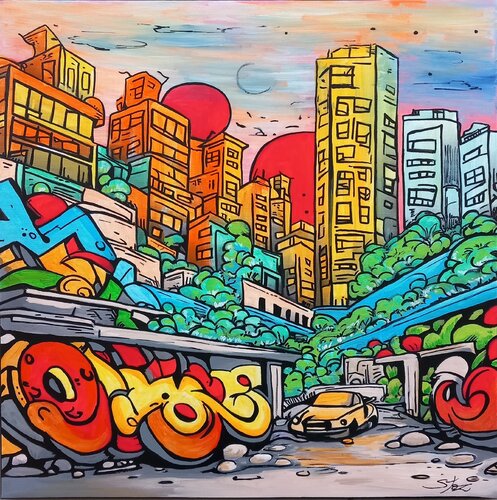 lonely city with graffiti di MARCO STAZZINI aka STOZ, Pittura in vendita su Singulart