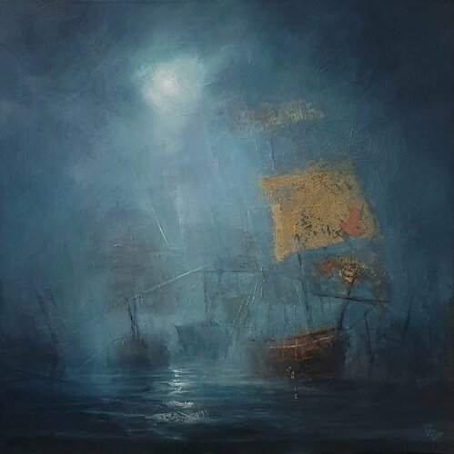 " Harbor of destroyed dreams - Under the Cover of Moonlight " di Ivan Grozdanovski, Pittura in vendita su Singulart