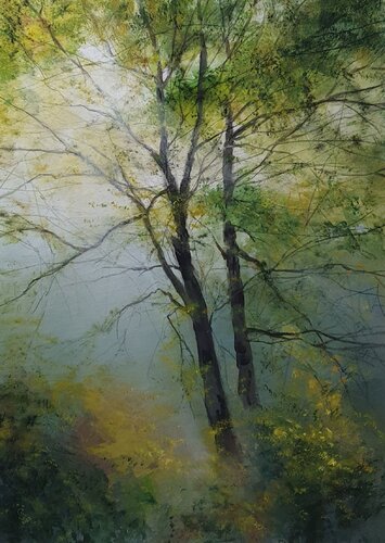 " Morning sunrays through the fog and trees " van Ivan Grozdanovski, Schilderij te koop op Singulart