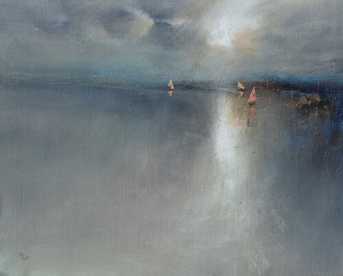 Harbor of destroyed dreams - Sparks in the morning haze di Ivan Grozdanovski, Pittura in vendita su Singulart