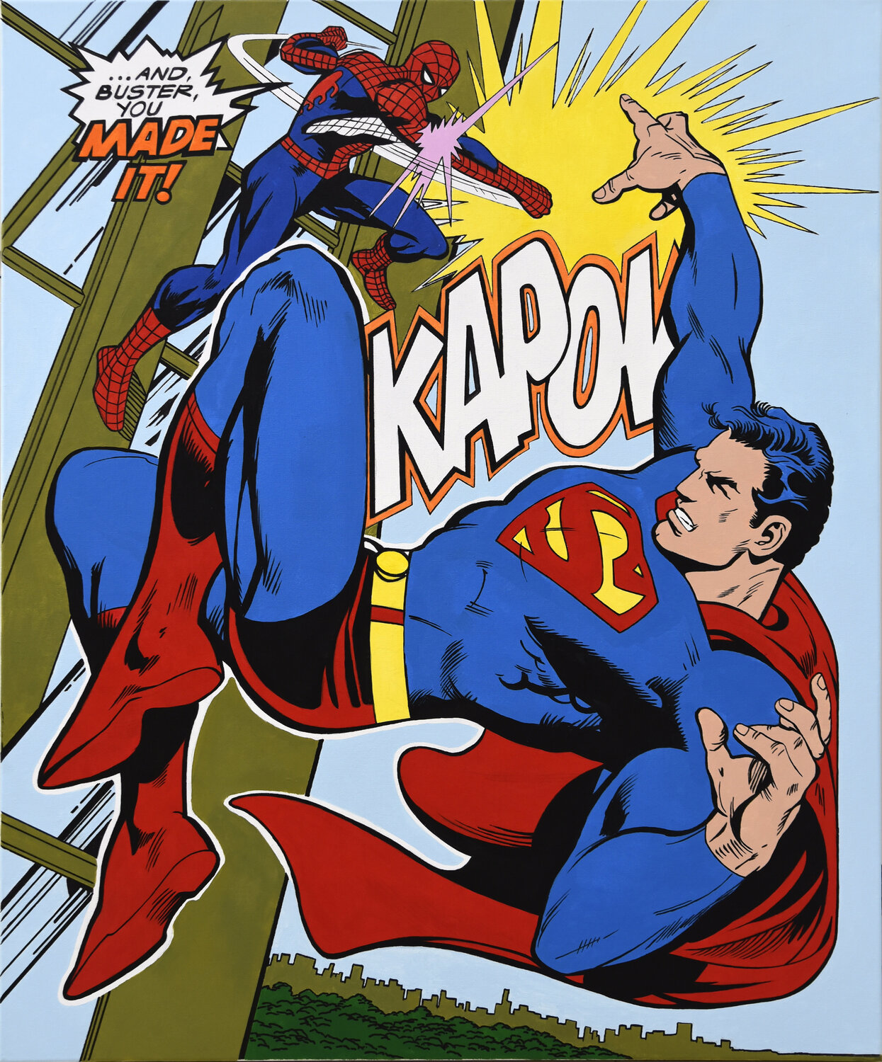 SPIDERMAN VS SUPERMAN door DILLIES (2023) : Schilderij Acryl op Canvas -  Singulart, image size:1245x1500