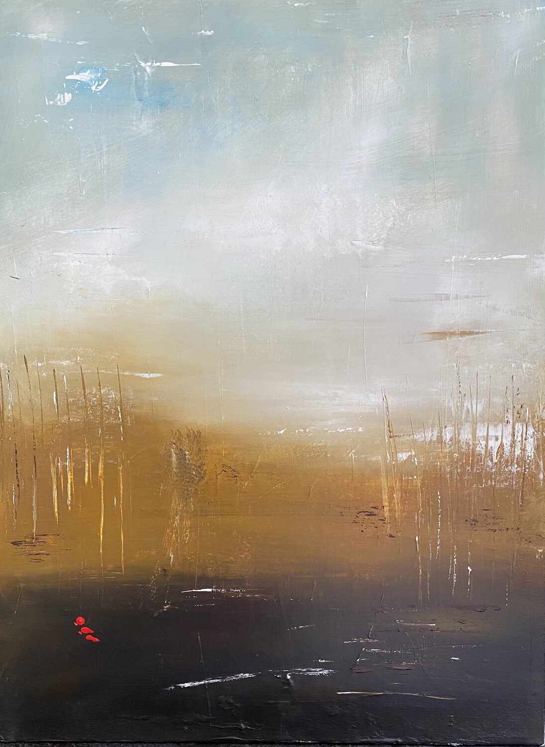 Point rouge sur terre d ocre Christine Barth Mroz Peinture originale à vendre