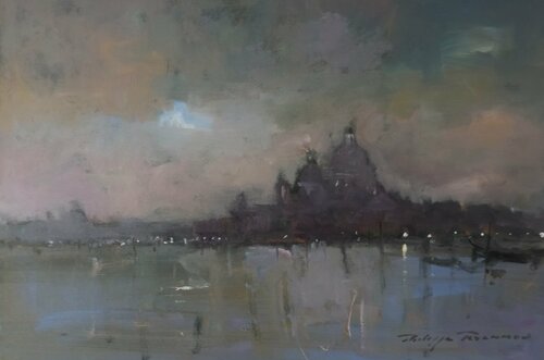 Coucher de soleil sur la Salute , réf : 2501 van Philippe Perennou, Schilderij te koop op Singulart