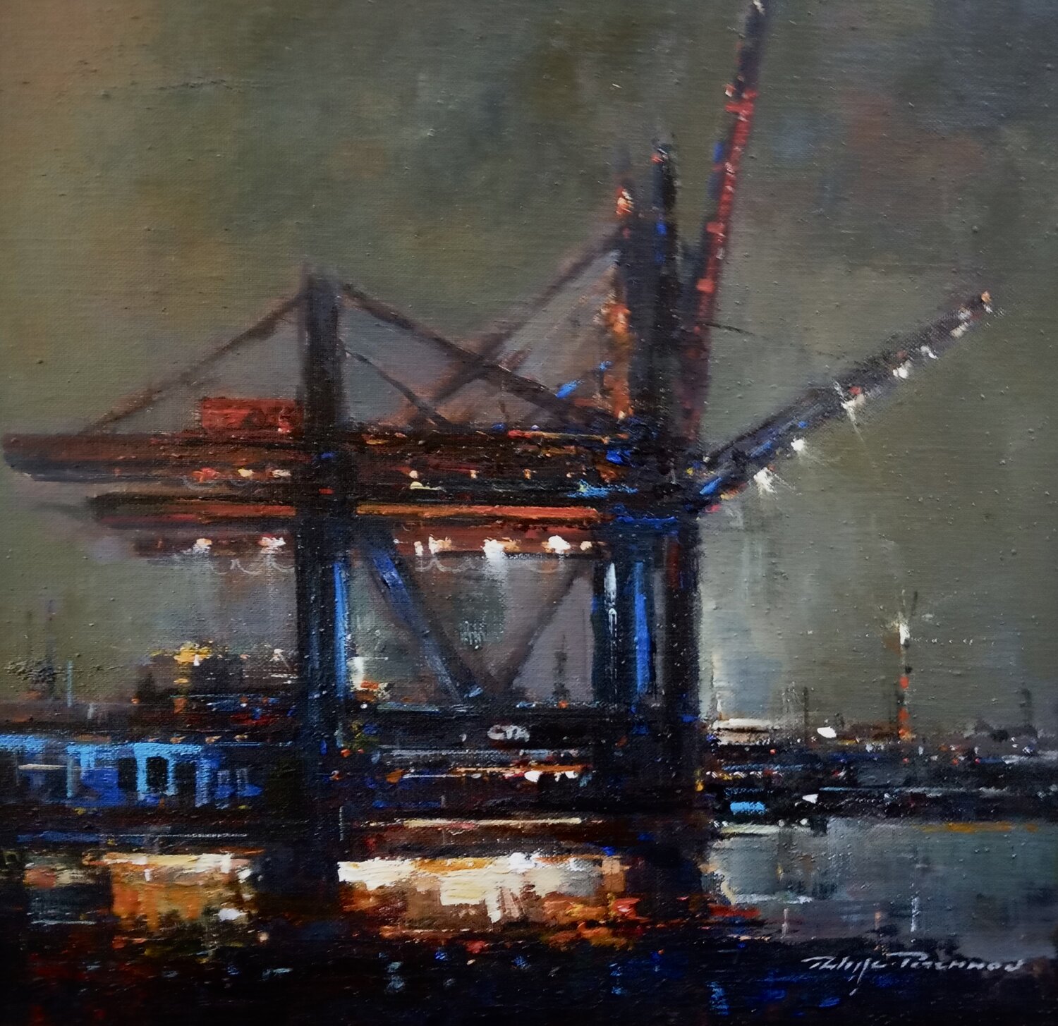 Container terminal Altenwerder port de Hamburg, N° 2285 Philippe Perennou Originalgemälde zu verkaufen