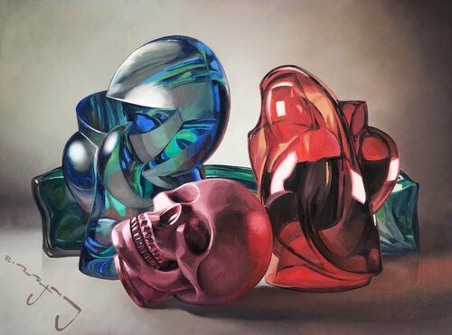 Vanitas Still Life with a Pink Skull van Alexander Lufer, Schilderij te koop op Singulart