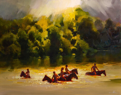 Bathing horses on the Desna van Khodakivskyi Vasyl, Schilderij te koop op Singulart