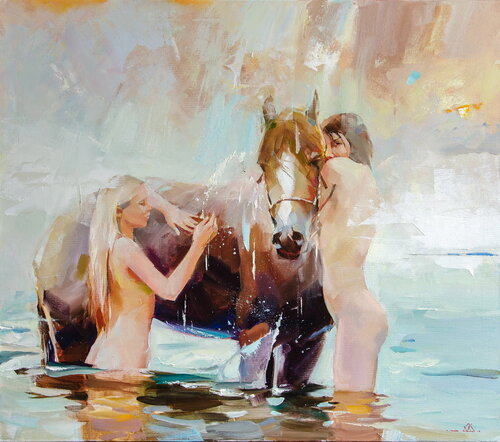 Horse bathing di Khodakivskyi Vasyl, Pittura in vendita su Singulart