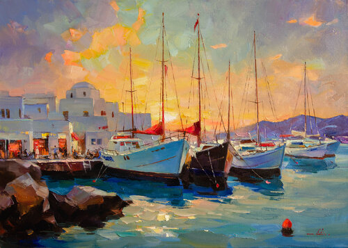 Shadows of Paros on the Water van Khodakivskyi Vasyl, Schilderij te koop op Singulart