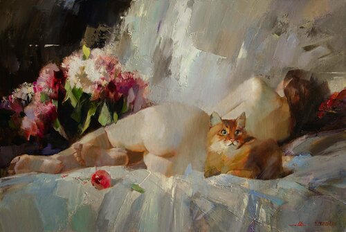 Girl with a cat di Khodakivskyi Vasyl, Pittura in vendita su Singulart