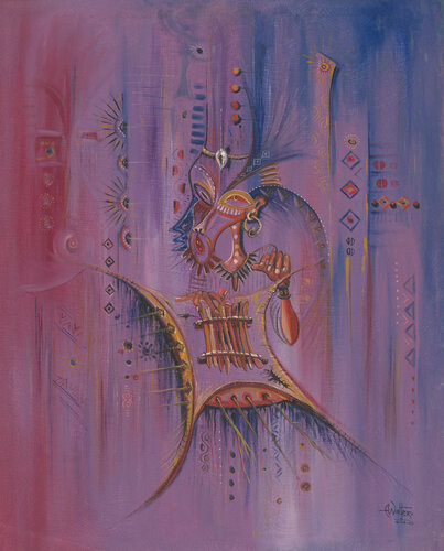 Sanza Player surreal painting of African musician di Angu Walters, Pittura in vendita su Singulart