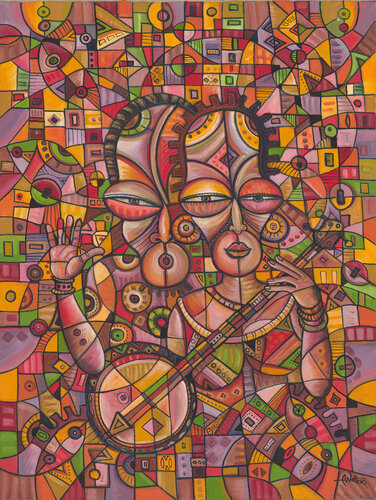 Banjo Players a painting of African music di Angu Walters, Pittura in vendita su Singulart