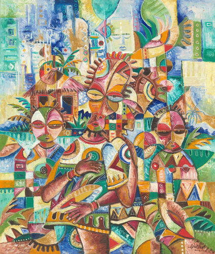 Welcome painting of an African village di Angu Walters, Pittura in vendita su Singulart