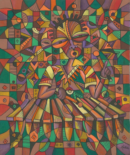 The Xylophone Player IV a music painting from Africa van Angu Walters, Schilderij te koop op Singulart