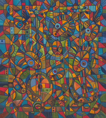 Play the Banjo II an abstract figurative African painting van Angu Walters, Schilderij te koop op Singulart