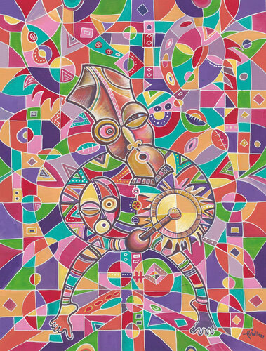 The Drummer XI painting of African musician van Angu Walters, Schilderij te koop op Singulart
