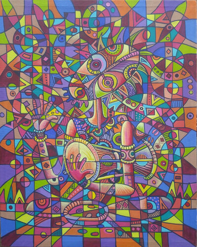 The Beggar an African street musician van Angu Walters, Schilderij te koop op Singulart