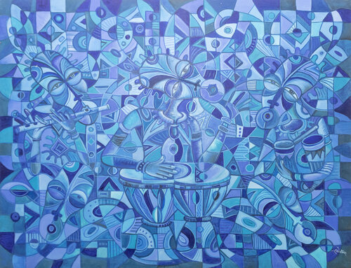 The Blues Singers IV an all blue painting from Africa van Angu Walters, Schilderij te koop op Singulart
