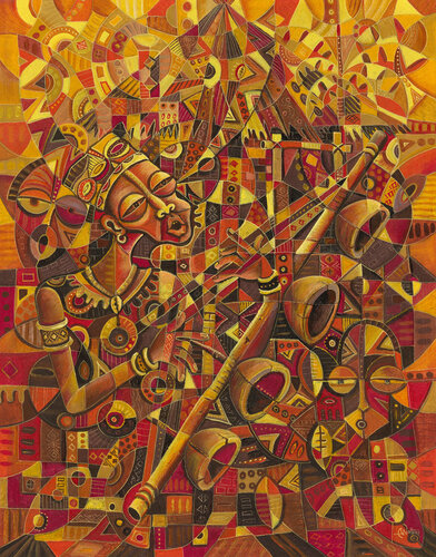 Mvet Player II - Music painting from Africa von Angu Walters, Malerei kaufen auf Singulart