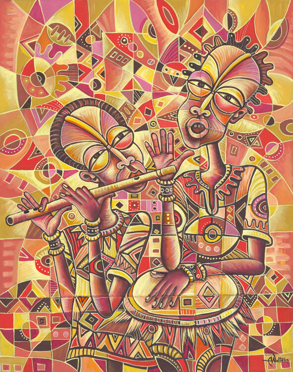 The Drummer and the Flutist III - Giclee art print of musicians Angu Walters