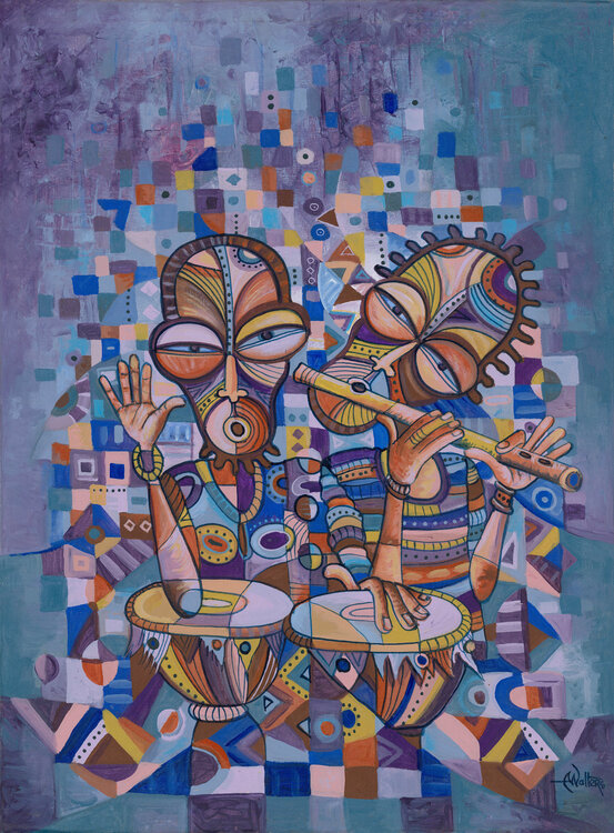 The Drummer and Flutist 4 painting from Africa Angu Walters