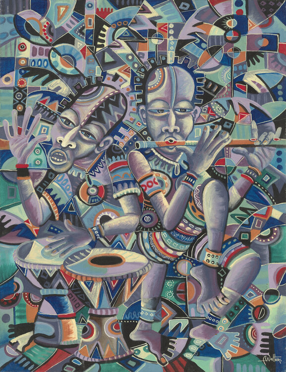 Drummer & the Flutist II painting of African musicians Angu Walters