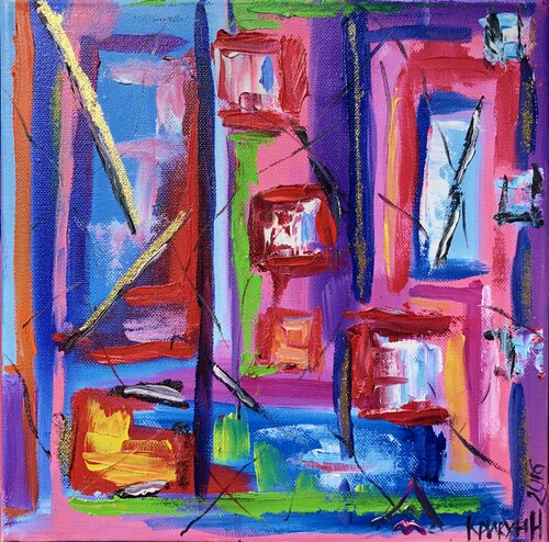 Blue violet abstraction, abstract original wall art with frame Nataliia Krykun