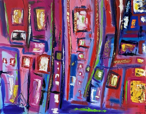 Rendezvous - violet blue red geometric abstraction, gold, golding, oil on canvas by Nataliia Krykun, Painting for Sale on Singulart