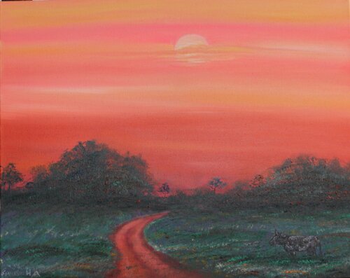 Dark cow by the road, Peach Fuzz de Nataliia Krykun, Pintura a la venta en Singulart