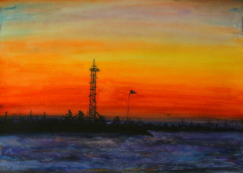Tallin, seascape, red, blue, water di Nataliia Krykun, Opera su carta in vendita su Singulart