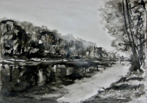 River, black and white, water par Nataliia Krykun, Œuvre sur papier en vente sur Singulart