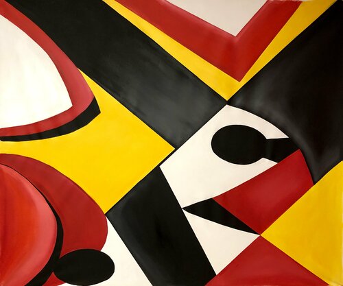 Yellow red white black modern abstract geometric cubism painting Nataliia Krykun