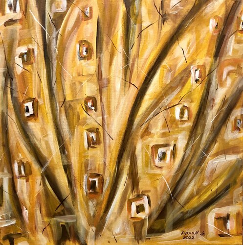 Sunlight. Warm yellow, orange, white, brown, chocolate colors de Nataliia Krykun, Pintura a la venta en Singulart