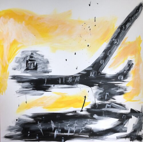 “Sunny day” , yellow, white, gray, orange, black minimalism abstraction landscape Nataliia Krykun