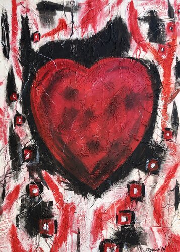 Red heart of lovers - Love, Amour, Amore, 3 D red, black, white, grey abstract street art painting von Nataliia Krykun, Malerei kaufen auf Singulart