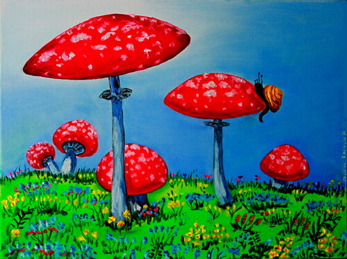 Fly Agaric Fungus and snail. Landscape, fungi, red Mushrooms, oil painting par Nataliia Krykun, Peinture en vente sur Singulart