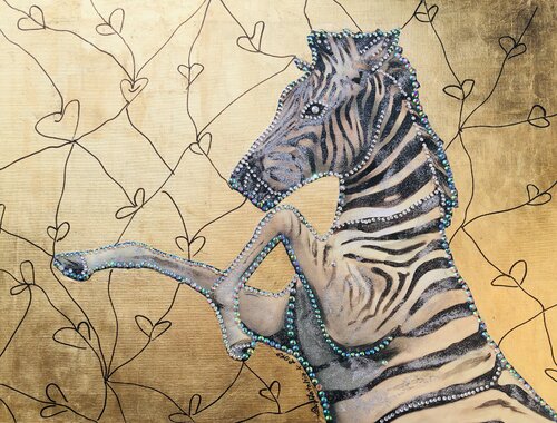 „Golden zebra“ , gilding gold leaf print by Nataliia Krykun, 기타 매체 for Sale on Singulart