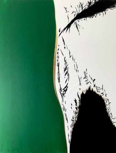 „Green minimal forest“, abstract modern painting, gold di Nataliia Krykun, Pittura in vendita su Singulart