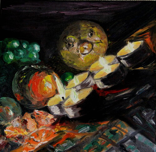"Still life - the light of a candle" , food, night, lemon, grapes, mandarins on the table Nataliia Krykun