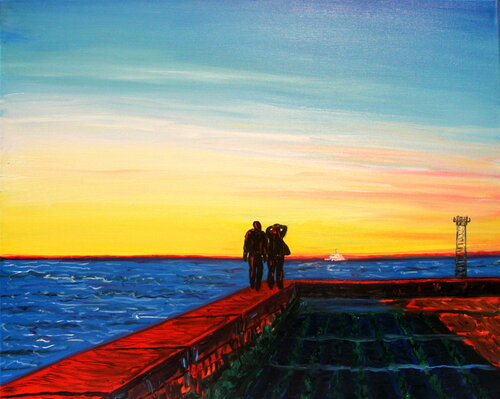 «Sunset on the sea - only together”, figurative seascape, people, love, night van Nataliia Krykun, Schilderij te koop op Singulart