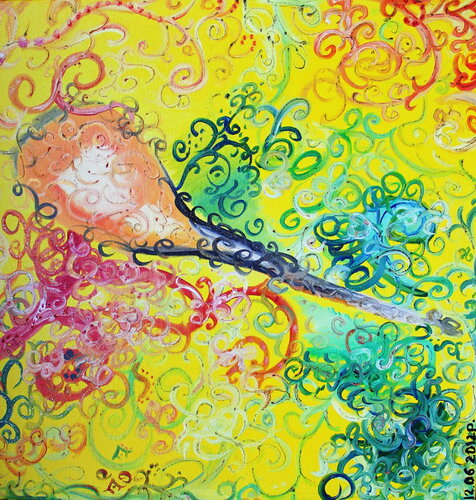 „Abstraction Sunrise“, yellow minimalism XXL painting dropping, inspired by Jackson Pollock van Nataliia Krykun, Schilderij te koop op Singulart